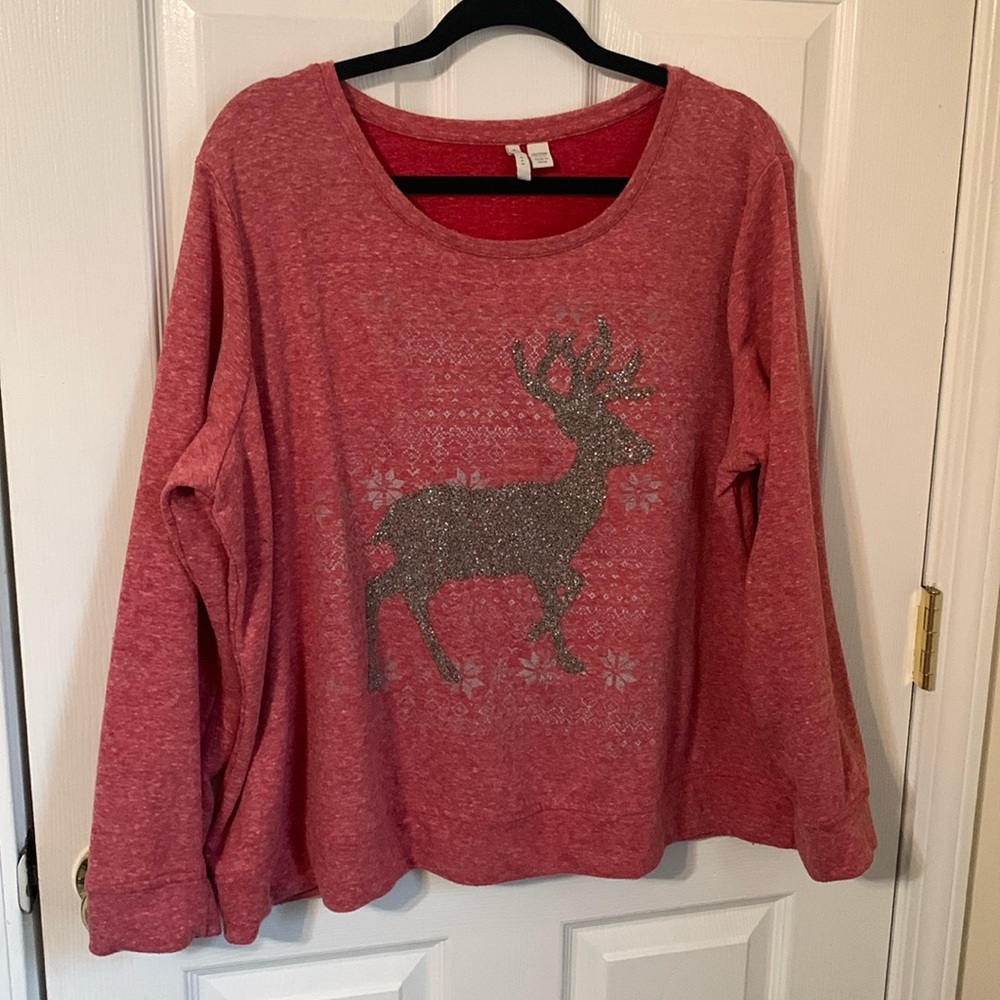 C est 1946 18/20 red French terry long sleeve top PTP 26” length 25”